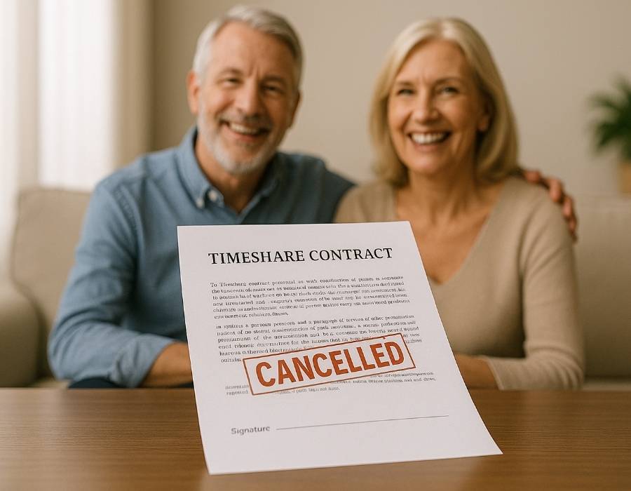 Happy couple showing cancelled timeshare contract after successfully ending agreement
