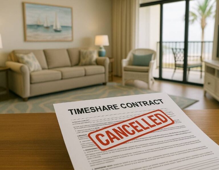 Cancelled timeshare contract placed on table inside beachfront vacation condo