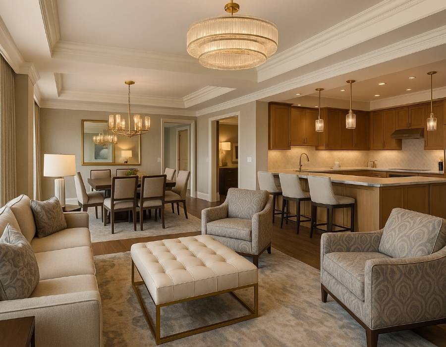 Luxury timeshare condo with modern open-concept living room, dining area, and kitchen