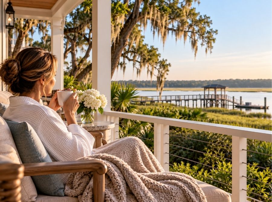 Woman recovering from a facelift enjoys coffee overlooking the scenic Lowcountry waterfront in Bluffton, South Carolina.